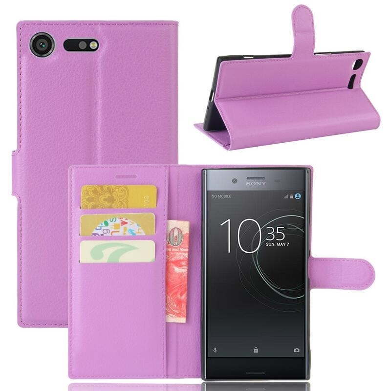 Litchi PU kožené peněženkové puzdro na mobil Sony Xperia XZ Premium - fialové