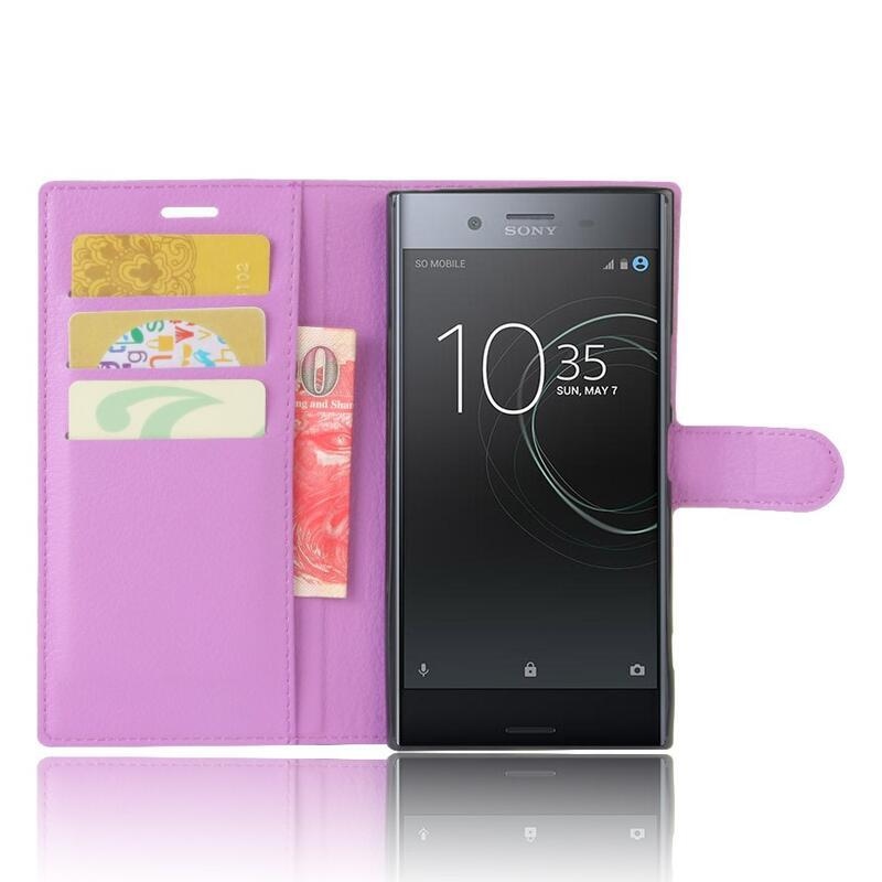 Litchi PU kožené peněženkové puzdro na mobil Sony Xperia XZ Premium - fialové