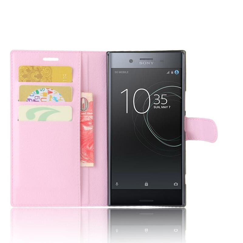 Litchi PU kožené peněženkové puzdro na mobil Sony Xperia XZ Premium - ružové