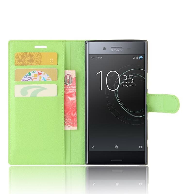 Litchi PU kožené peněženkové puzdro na mobil Sony Xperia XZ Premium - zelené