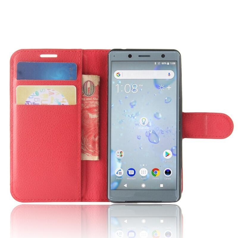 Litchi PU kožené peněženkové puzdro na mobil Sony Xperia XZ2 Compact - červené