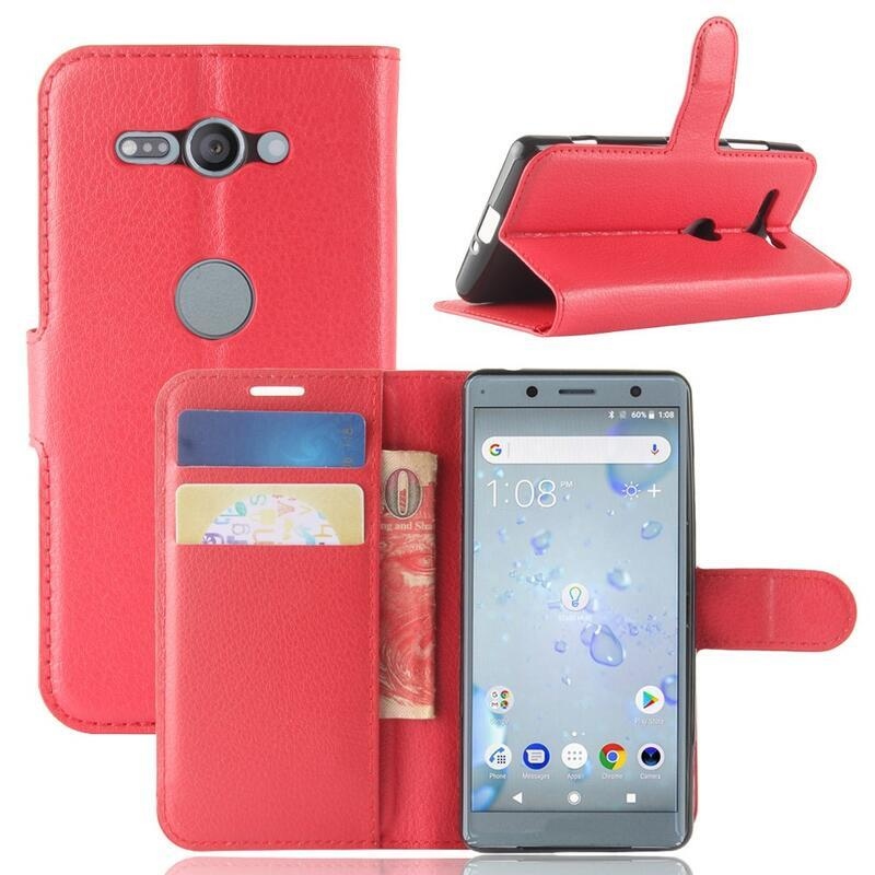 Litchi PU kožené peněženkové puzdro na mobil Sony Xperia XZ2 Compact - červené