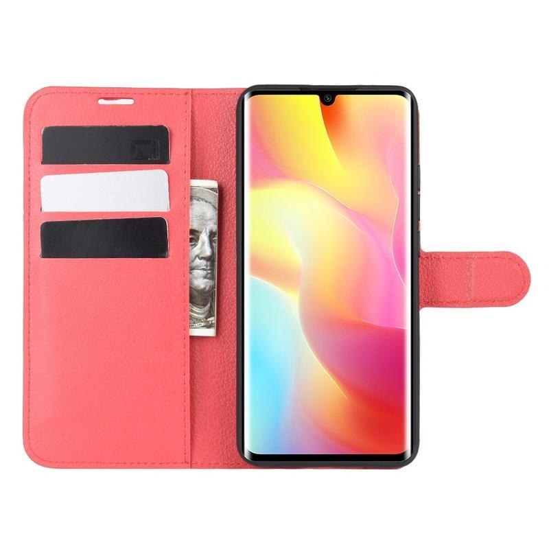 Litchi PU kožené peněženkové puzdro na mobil Xiaomi Mi Note 10 Lite - červené