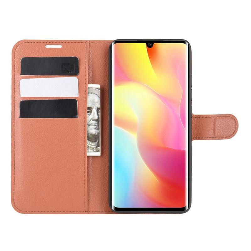 Litchi PU kožené peněženkové puzdro na mobil Xiaomi Mi Note 10 Lite - hnedé