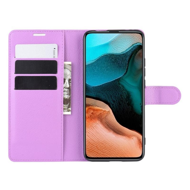 Litchi PU kožené peněženkové puzdro na mobil Xiaomi Poco F2 Pro - fialové