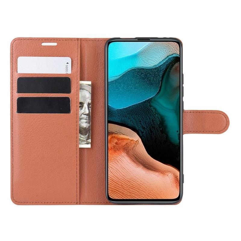Litchi PU kožené peněženkové puzdro na mobil Xiaomi Poco F2 Pro - hnedé