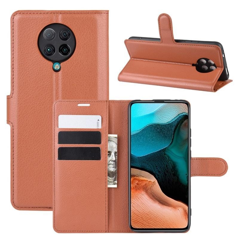 Litchi PU kožené peněženkové puzdro na mobil Xiaomi Poco F2 Pro - hnedé