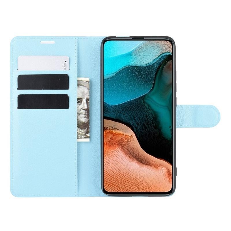 Litchi PU kožené peněženkové puzdro na mobil Xiaomi Poco F2 Pro - svetlomodré