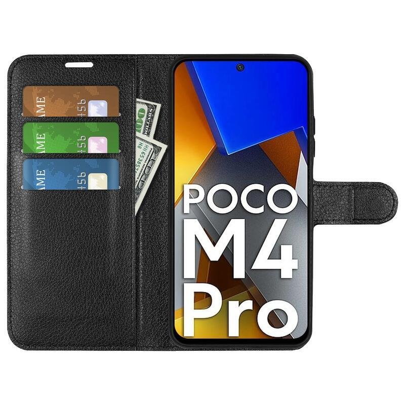 Litchi PU kožené peňaženkové púzdro na mobil Xiaomi Poco M4 Pro 4G - čierne