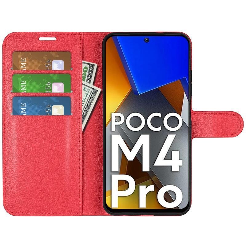 Litchi PU kožené peňaženkové púzdro na mobil Xiaomi Poco M4 Pro 4G - červené