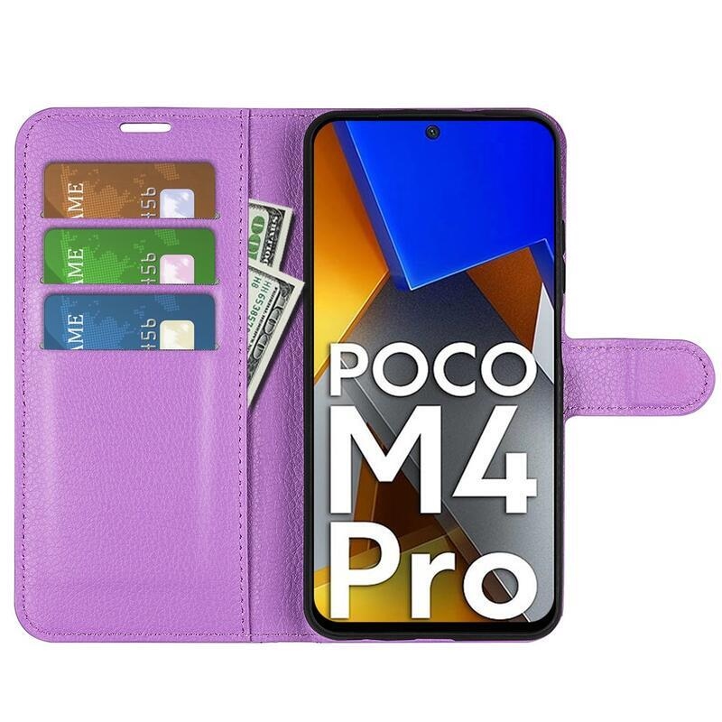 Litchi PU kožené peňaženkové púzdro na mobil Xiaomi Poco M4 Pro 4G - fialové