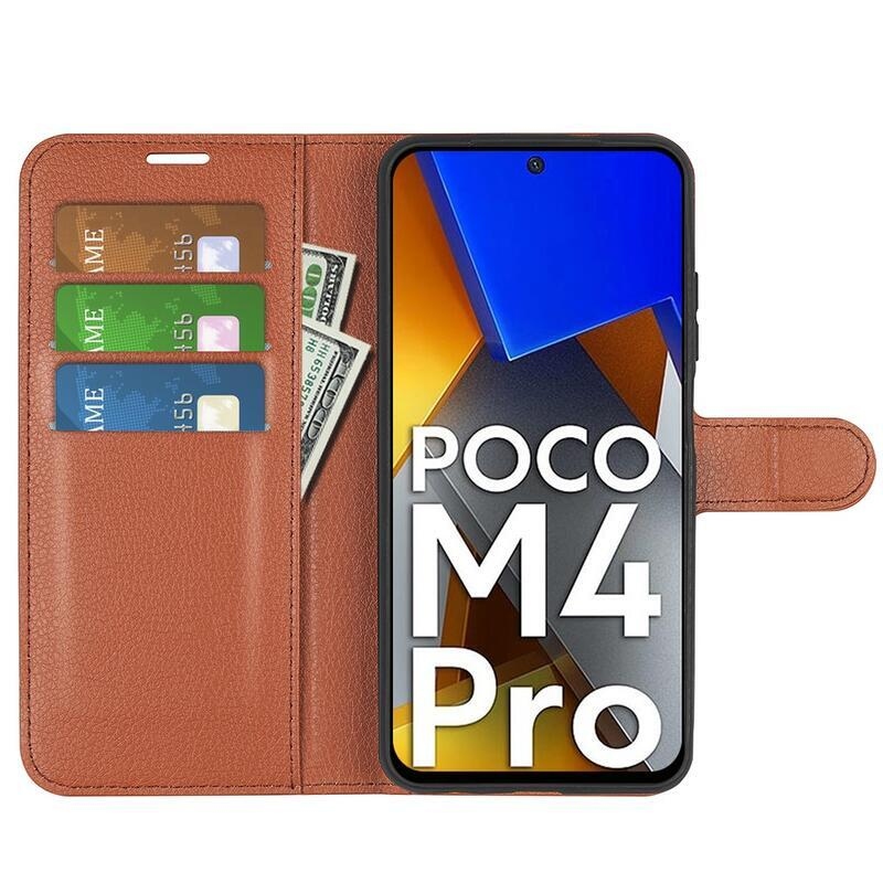 Litchi PU kožené peňaženkové púzdro na mobil Xiaomi Poco M4 Pro 4G - hnedé