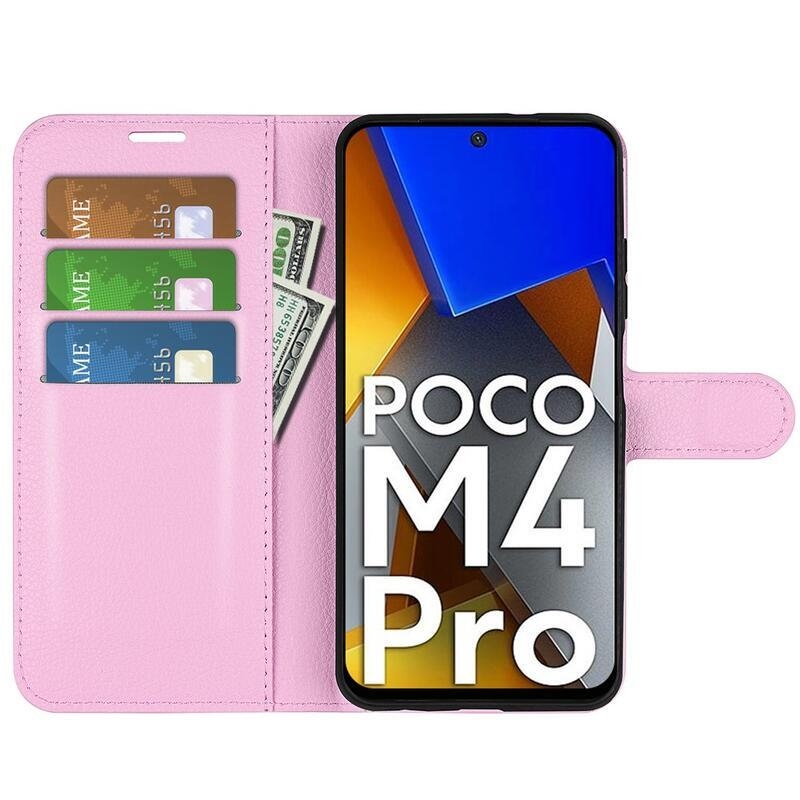 Litchi PU kožené peňaženkové púzdro na mobil Xiaomi Poco M4 Pro 4G - ružové