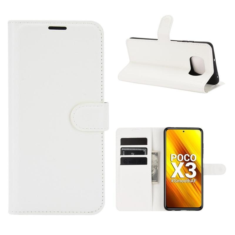 Litchi PU kožené peněženkové puzdro na mobil Xiaomi Poco X3/X3 Pro - biele