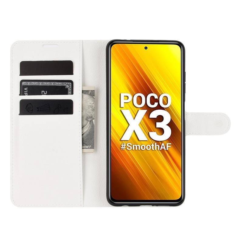 Litchi PU kožené peněženkové puzdro na mobil Xiaomi Poco X3/X3 Pro - biele