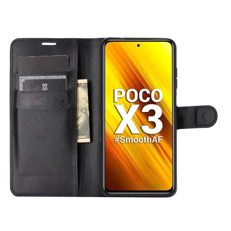 Litchi PU kožené peněženkové puzdro na mobil Xiaomi Poco X3/X3 Pro - čierne