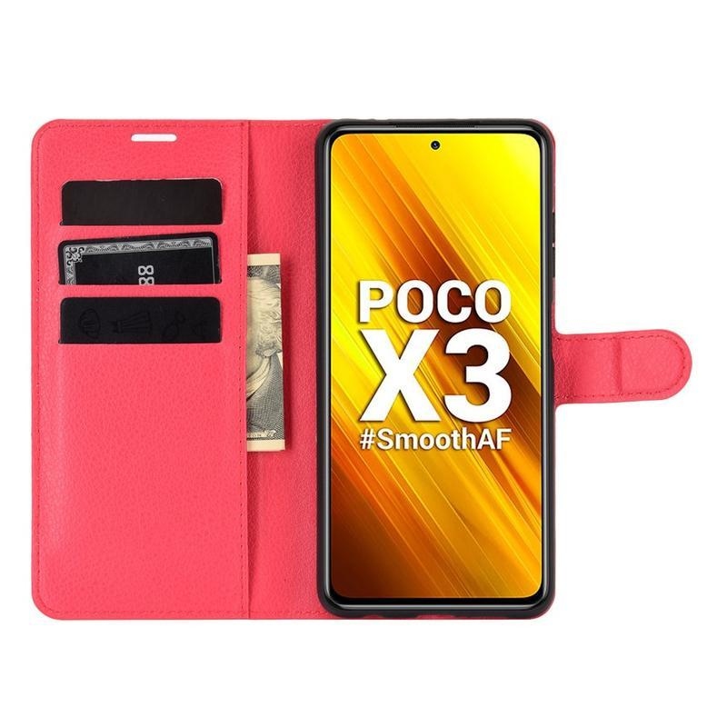 Litchi PU kožené peněženkové puzdro na mobil Xiaomi Poco X3/X3 Pro - červené