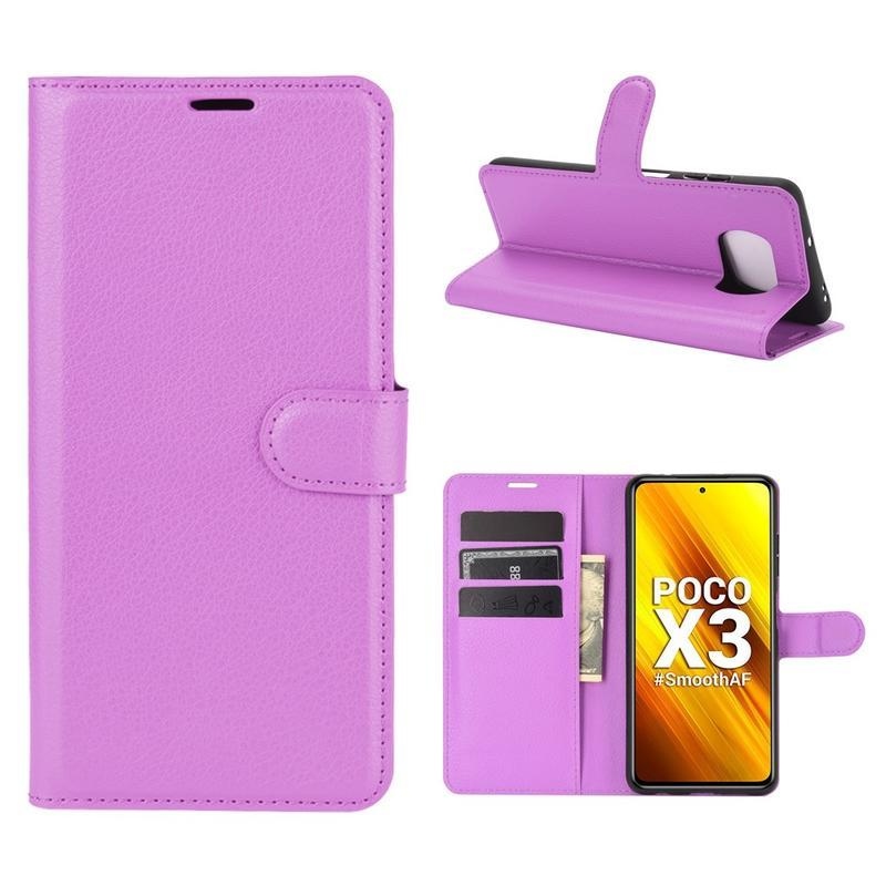Litchi PU kožené peněženkové puzdro na mobil Xiaomi Poco X3/X3 Pro - fialové