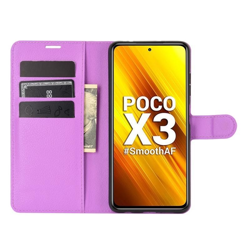 Litchi PU kožené peněženkové puzdro na mobil Xiaomi Poco X3/X3 Pro - fialové