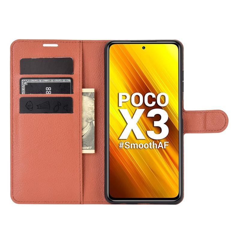 Litchi PU kožené peněženkové puzdro na mobil Xiaomi Poco X3/X3 Pro - hnedé