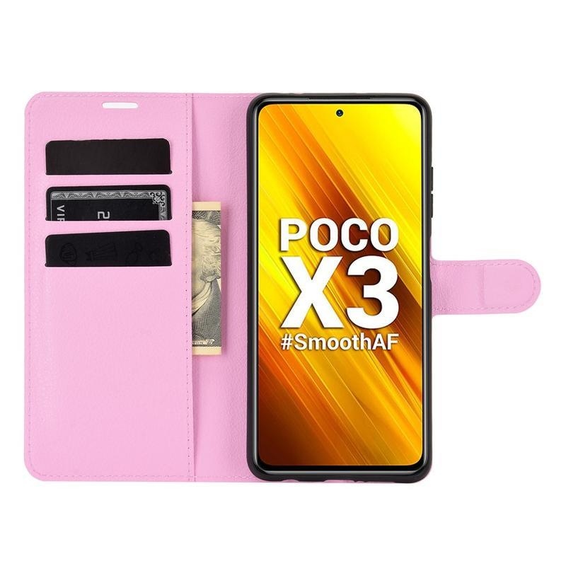 Litchi PU kožené peněženkové puzdro na mobil Xiaomi Poco X3/X3 Pro - ružové