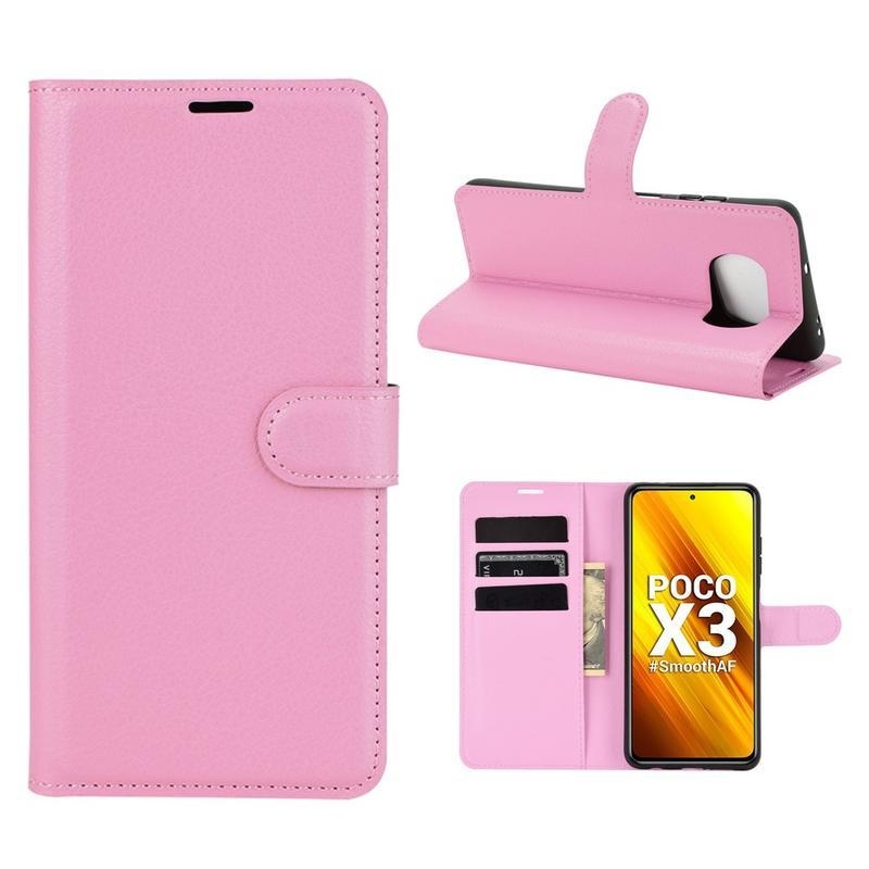 Litchi PU kožené peněženkové puzdro na mobil Xiaomi Poco X3/X3 Pro - ružové