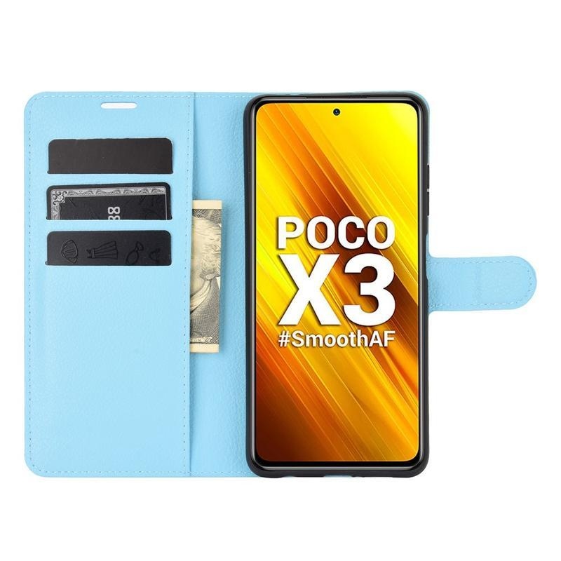 Litchi PU kožené peněženkové puzdro na mobil Xiaomi Poco X3/X3 Pro - svetlomodré
