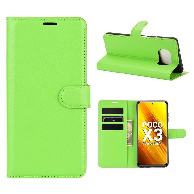 Litchi PU kožené peněženkové puzdro na mobil Xiaomi Poco X3/X3 Pro - zelené