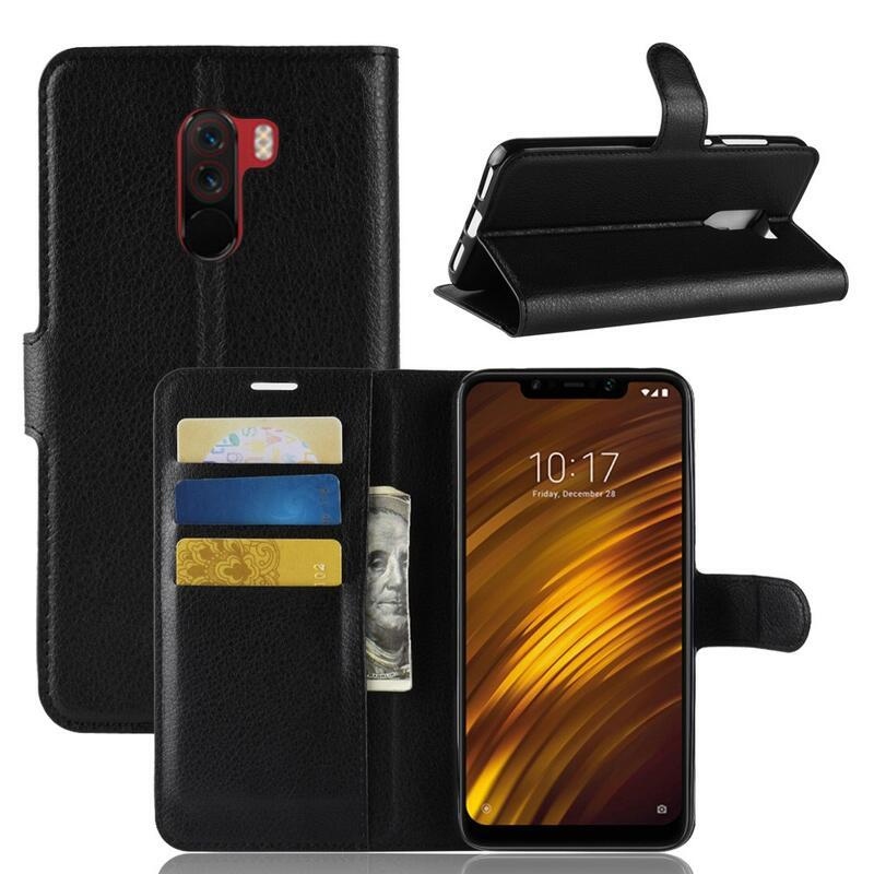 Litchi PU kožené peňaženkové puzdro na mobil Xiaomi Pocophone F1 - čierne