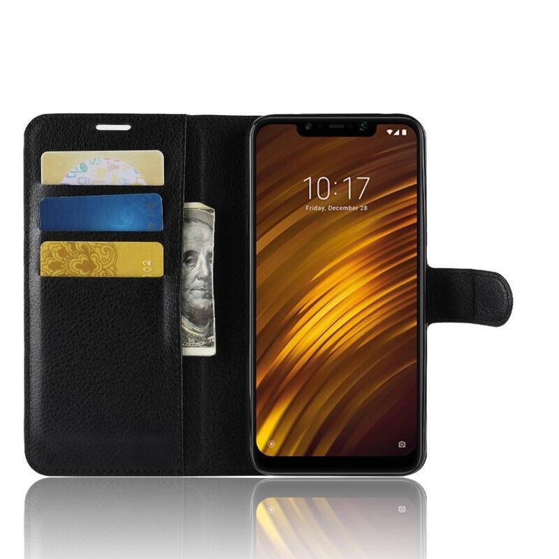 Litchi PU kožené peňaženkové puzdro na mobil Xiaomi Pocophone F1 - čierne