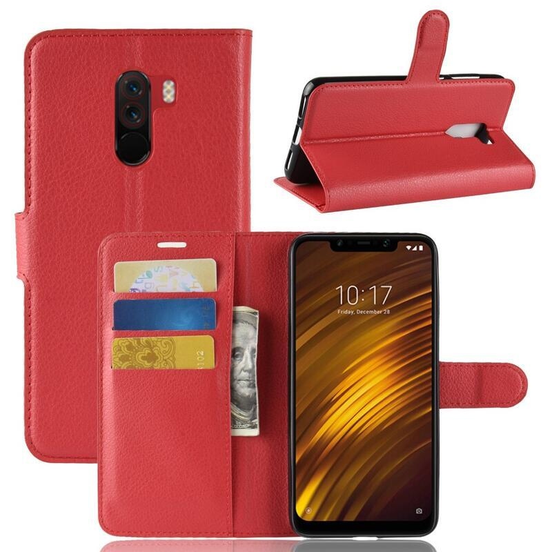 Litchi PU kožené peňaženkové puzdro na mobil Xiaomi Pocophone F1 - červené