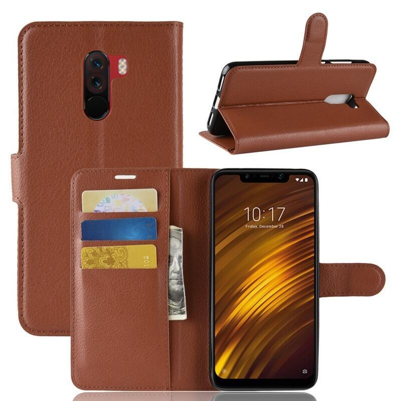 Litchi PU kožené peňaženkové puzdro na mobil Xiaomi Pocophone F1 - hnedé