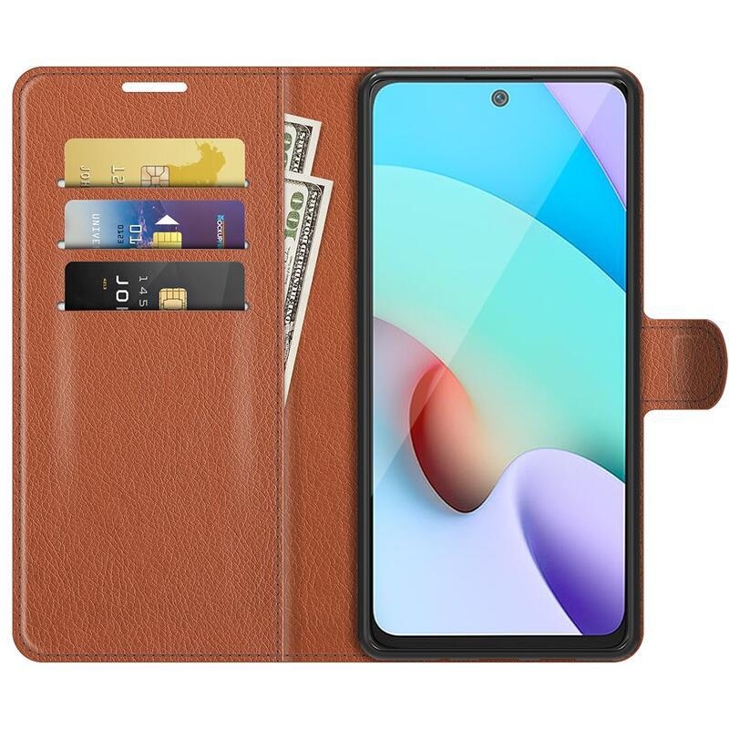 Litchi PU kožené peněženkové puzdro na mobil Xiaomi Redmi 10/Redmi 10 (2022) - hnedé
