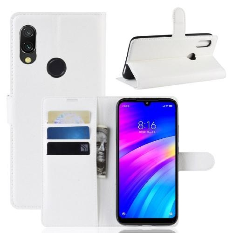 Litchi PU kožené peněženkové puzdro na mobil Xiaomi Redmi 7 - biely