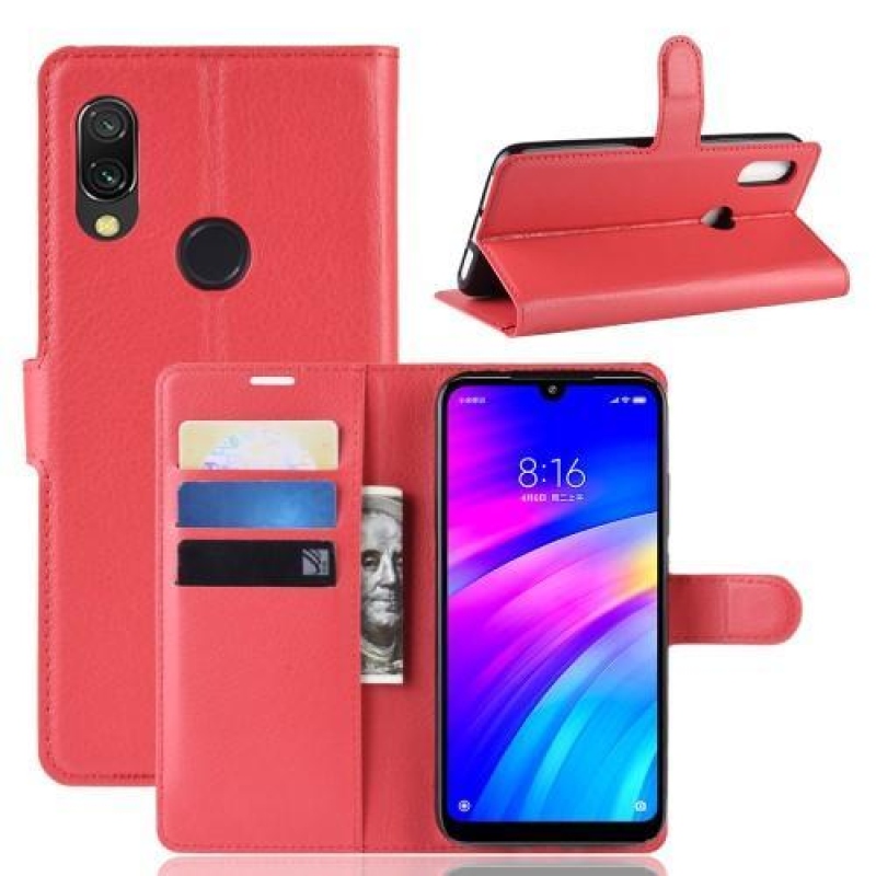 Litchi PU kožené peněženkové puzdro na mobil Xiaomi Redmi 7 - červený