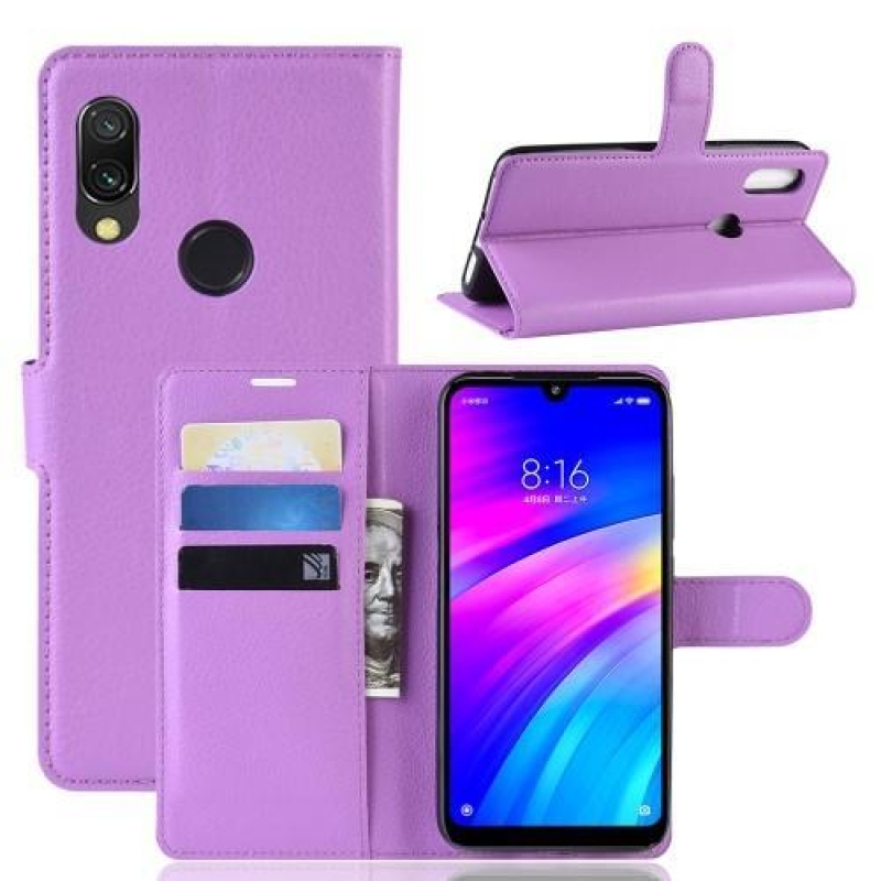 Litchi PU kožené peněženkové puzdro na mobil Xiaomi Redmi 7 - fialový