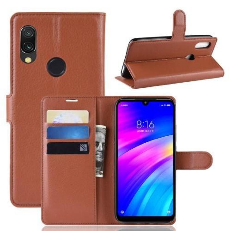 Litchi PU kožené peněženkové puzdro na mobil Xiaomi Redmi 7 - hnedý