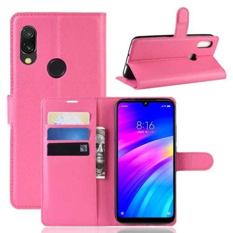 Litchi PU kožené peněženkové puzdro na mobil Xiaomi Redmi 7 - rose