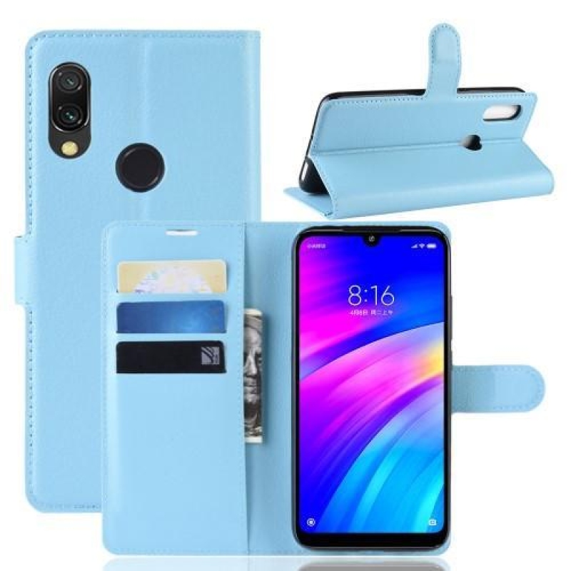 Litchi PU kožené peněženkové puzdro na mobil Xiaomi Redmi 7 - svetlomodrý