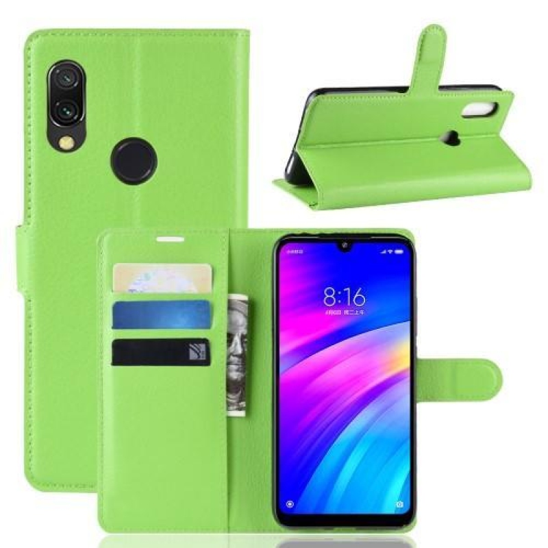 Litchi PU kožené peněženkové puzdro na mobil Xiaomi Redmi 7 - zelený