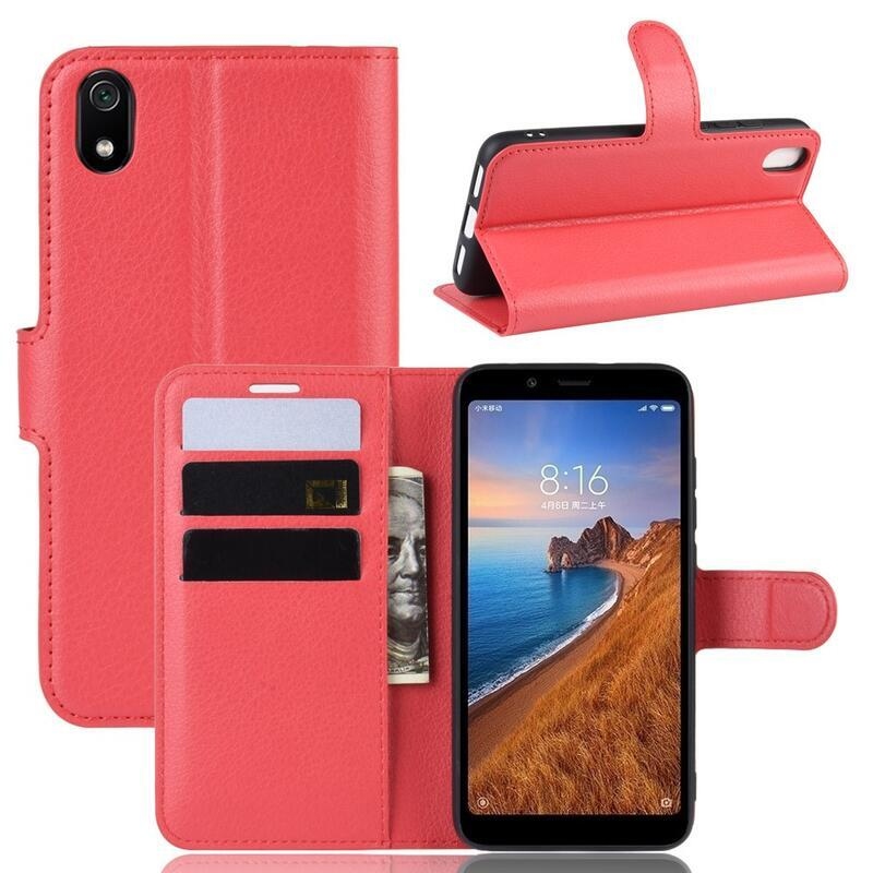 Litchi PU kožené peněženkové puzdro na mobil Xiaomi Redmi 7A - červené
