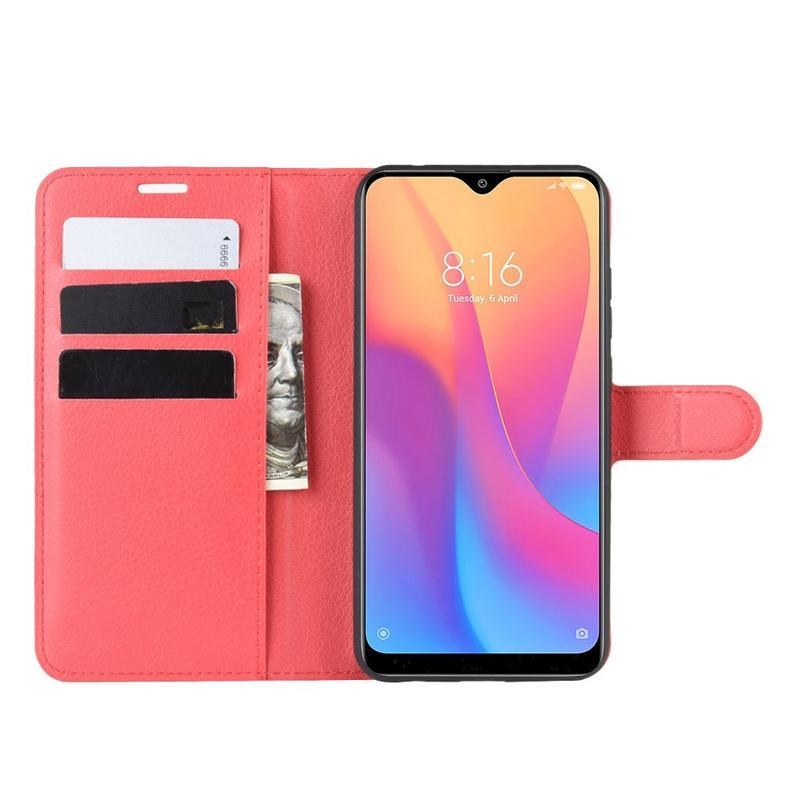 Litchi PU kožené peněženkové puzdro na mobil Xiaomi Redmi 8A - červené