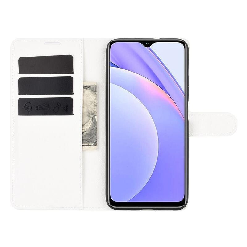 Litchi PU kožené peněženkové puzdro na mobil Xiaomi Redmi 9T/Poco M3 - biele