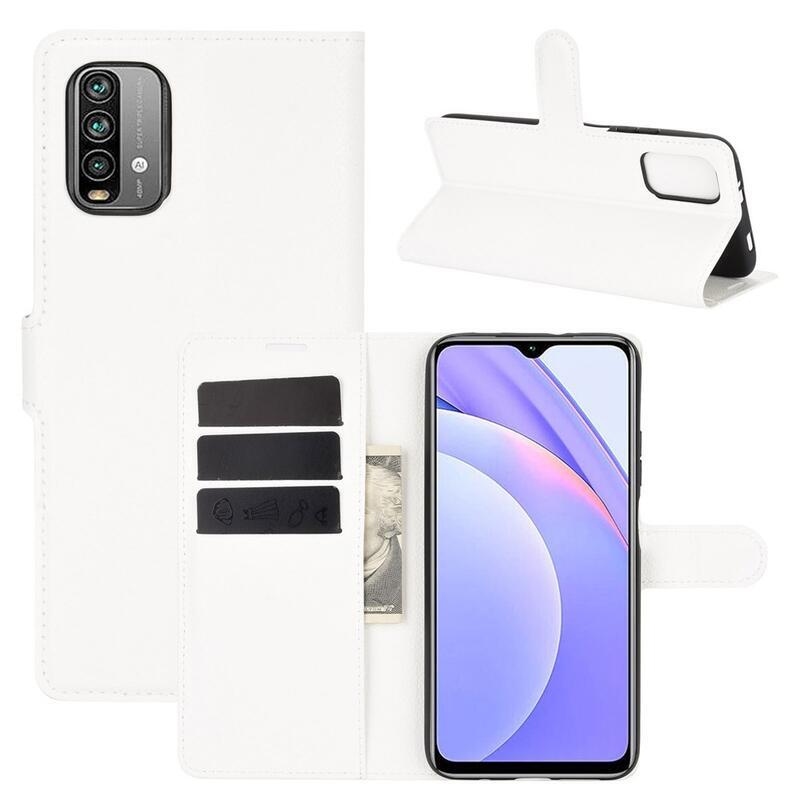 Litchi PU kožené peněženkové puzdro na mobil Xiaomi Redmi 9T/Poco M3 - biele