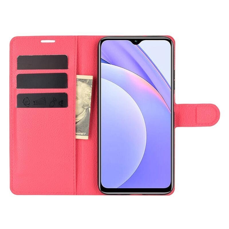 Litchi PU kožené peněženkové puzdro na mobil Xiaomi Redmi 9T/Poco M3 - červené