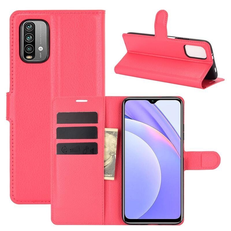 Litchi PU kožené peněženkové puzdro na mobil Xiaomi Redmi 9T/Poco M3 - červené