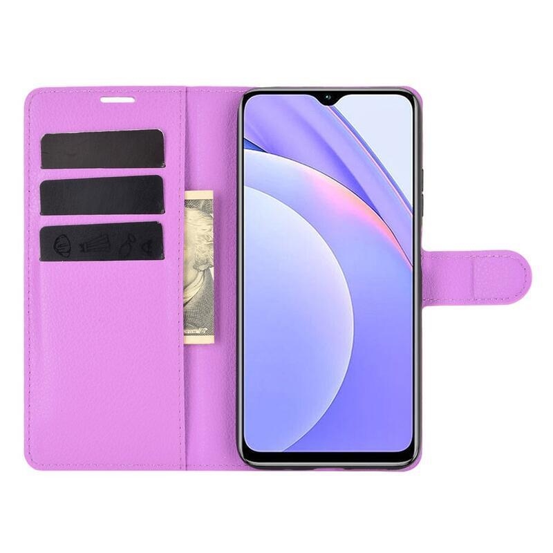 Litchi PU kožené peněženkové puzdro na mobil Xiaomi Redmi 9T/Poco M3 - fialové