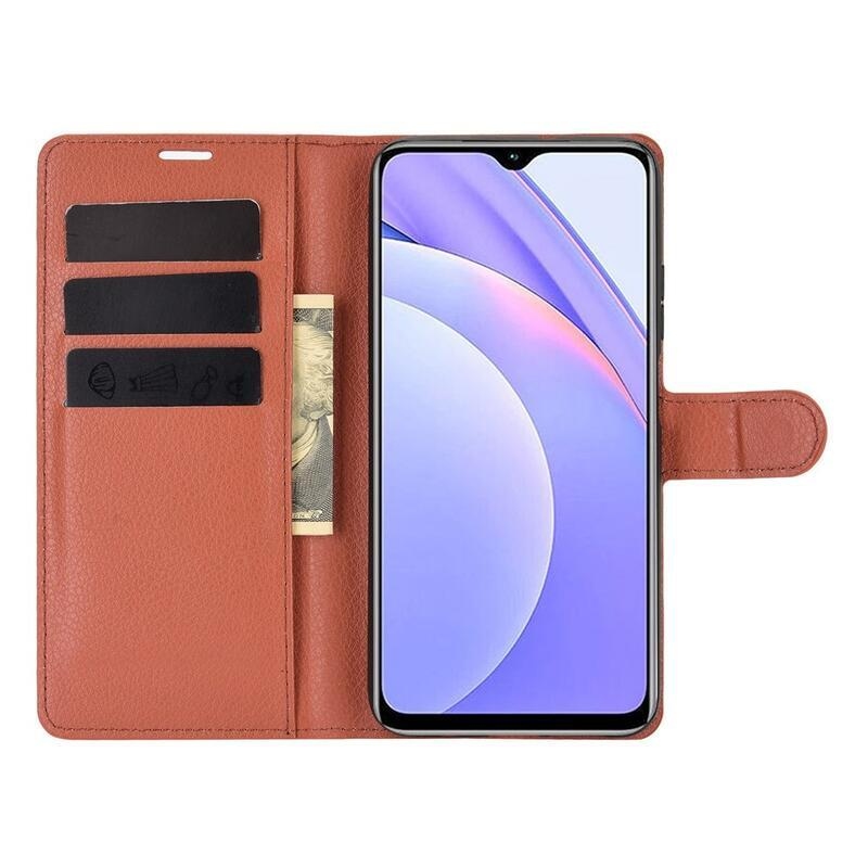 Litchi PU kožené peněženkové puzdro na mobil Xiaomi Redmi 9T/Poco M3 - hnedé