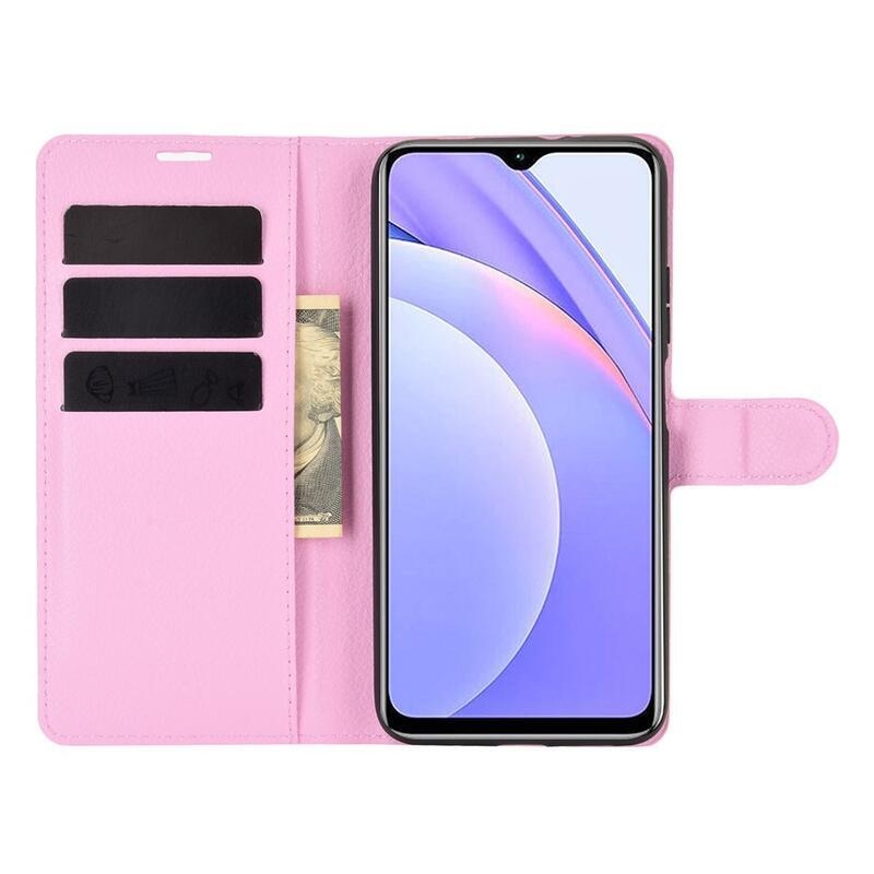 Litchi PU kožené peněženkové puzdro na mobil Xiaomi Redmi 9T/Poco M3 - ružové