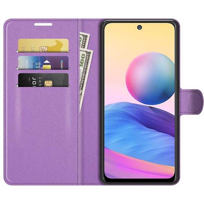 Litchi PU kožené peněženkové puzdro na mobil Xiaomi Redmi Note 10 5G / Poco M3 Pro 4G / 5G - fialové